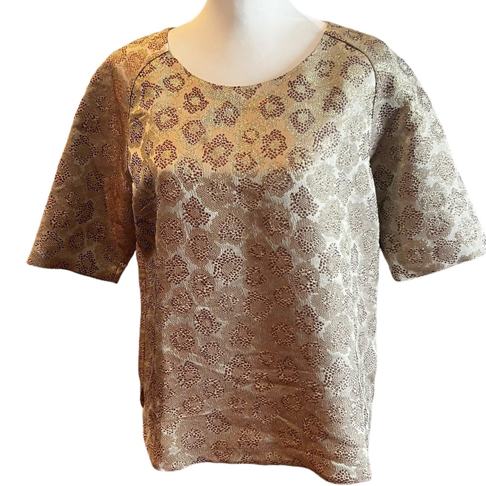 J. Crew Goldenrod Floral Brocade Blouse Silk Blend Lined Short Sleeved SZ 10